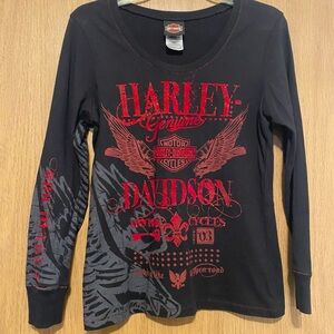 Harley-Davidson Black and Red Graphic Long Sleeve with Velvet and Sparkle Detail